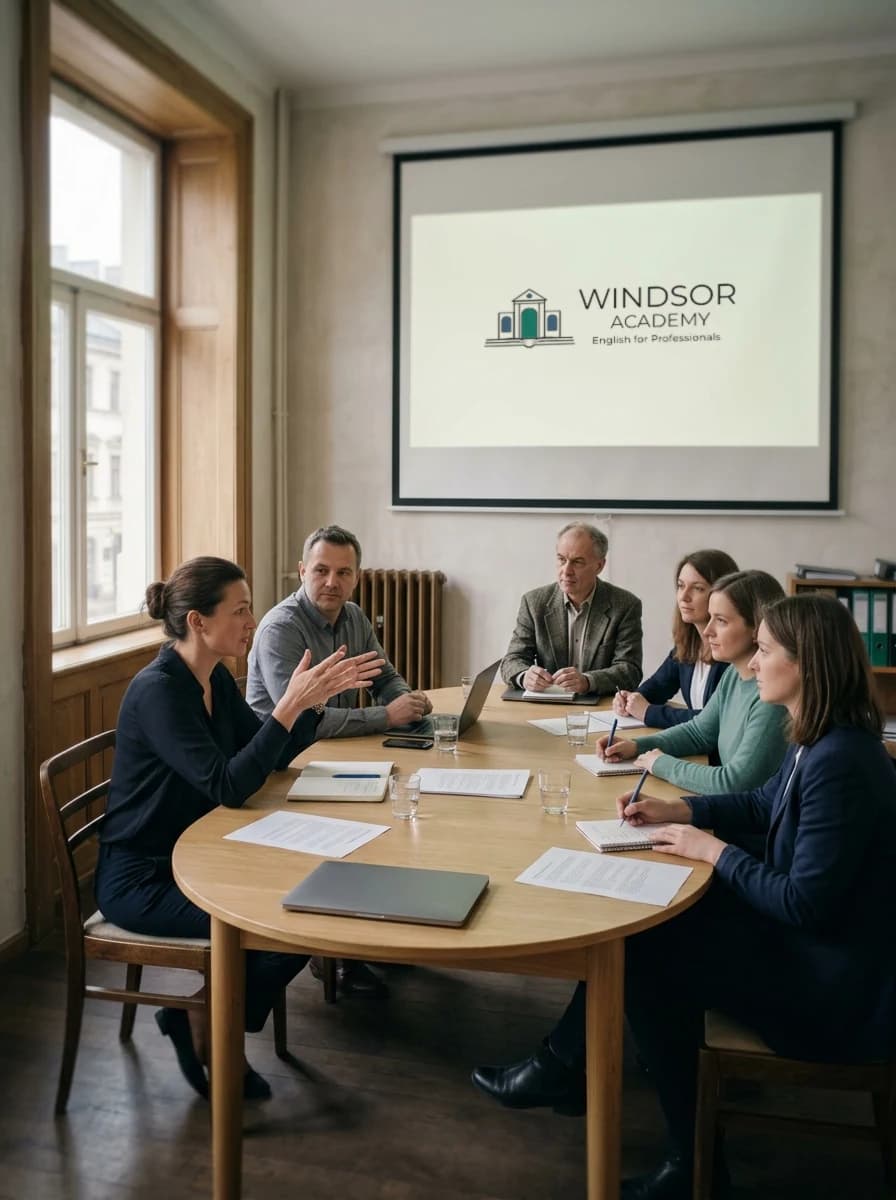 A Windsor cohort mid-lesson: six professionals around an oval table, the lockup on the projector behind them.