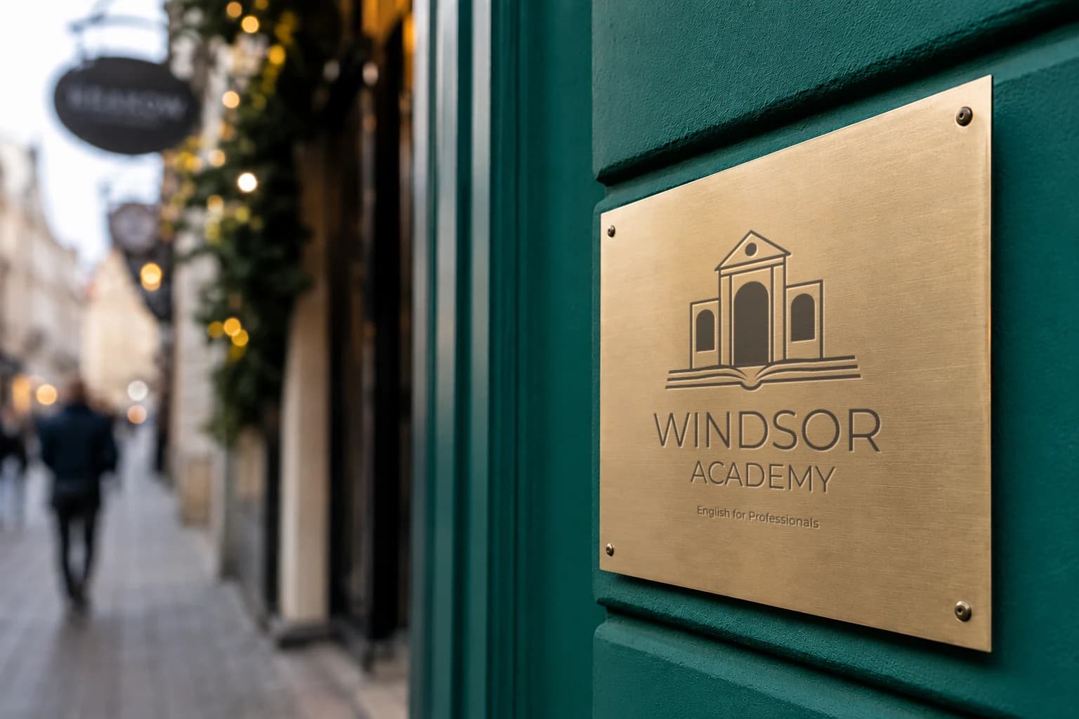 A brass plaque engraved with the Windsor Academy mark, beside the entrance of a Kraków townhouse.